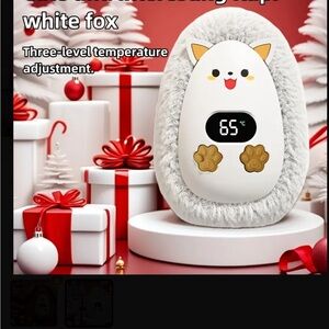 White Fox Plush Hand Warmer with Digital Temperature Display